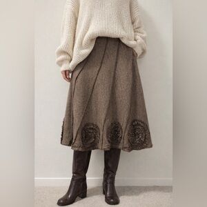 Cabincore Sunny Leigh Brown A-Line Twirl Skirt Ruffle Floral Tweed Wool Blend